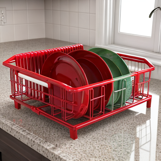 Red kitchen dish rack for organized drying and storage.